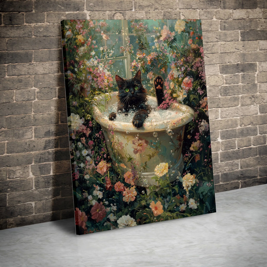 Black Cat Canvas Wall Art | Whimsical Cat in Floral Bathtub Print | Premium Gallery Wrapped Canvas | Gift for Cat Lover Bathroom Decor