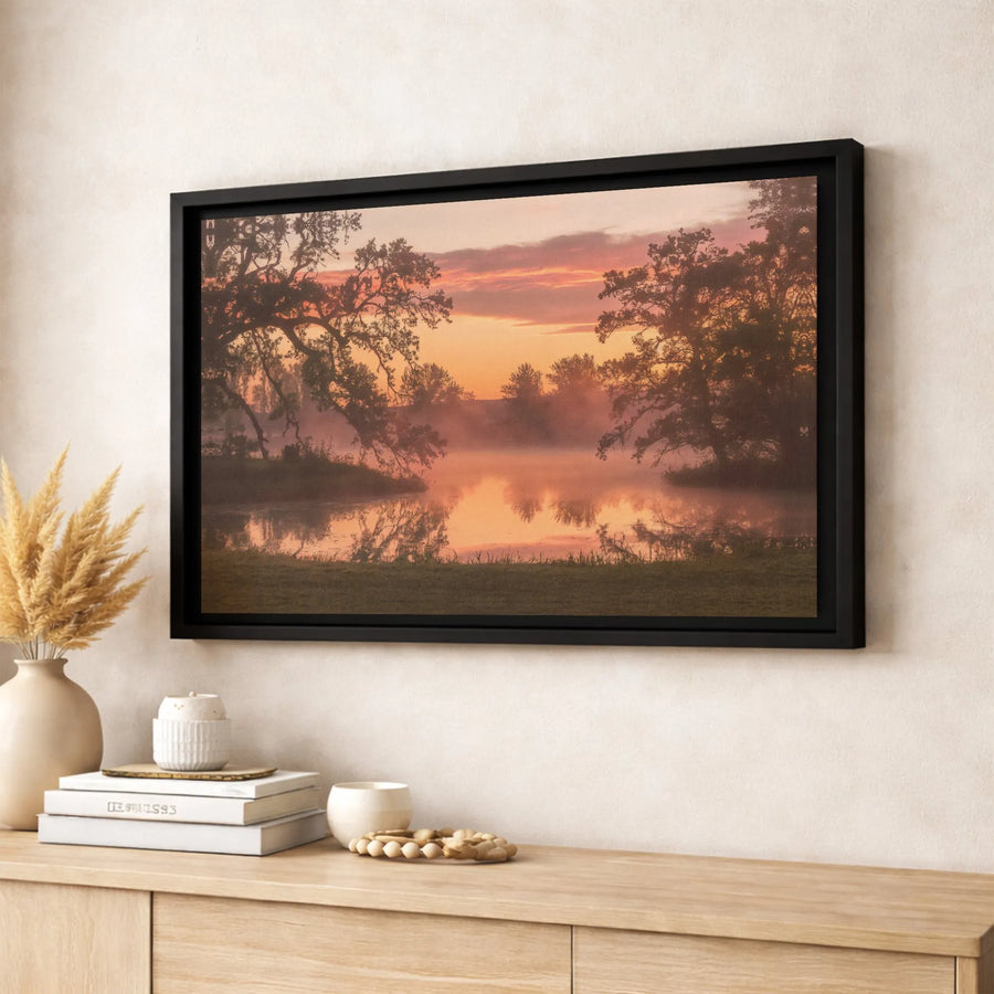 Misty Lake Landscape Canvas Print | Serene Sunrise Oak Trees Wall Art | Premium Gallery-Wrapped 1.25" Profile | Calming Nature Decor for Home Office