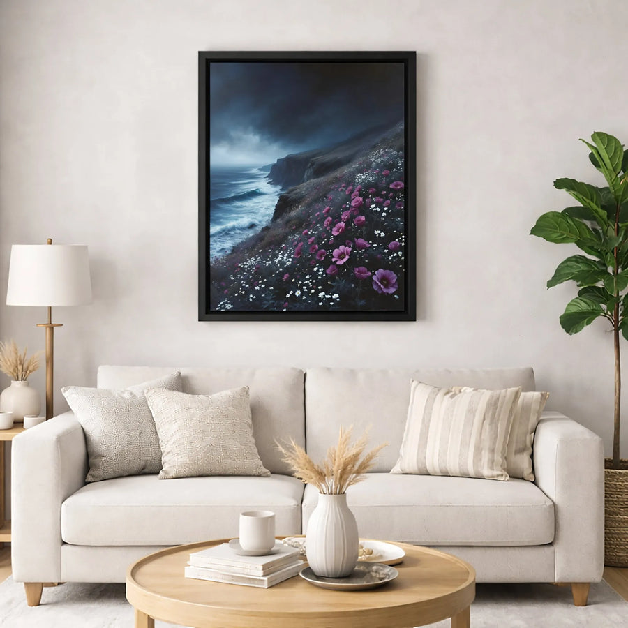 Moody Coastal Landscape Canvas | Stormy Ocean Cliffs With Pink Wildflowers | Premium 1.25" Gallery Wrap | Fine Art Print For Home Decor