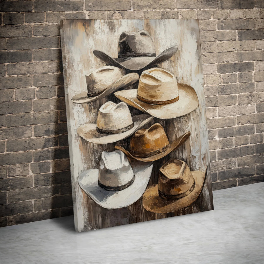 Cowboy Hat Wall Art Canvas Print | Rustic Western Hat Collection with Textured Finish | Premium Thick Gallery Wrap Canvas | Gift for Him & Ranch House Decor