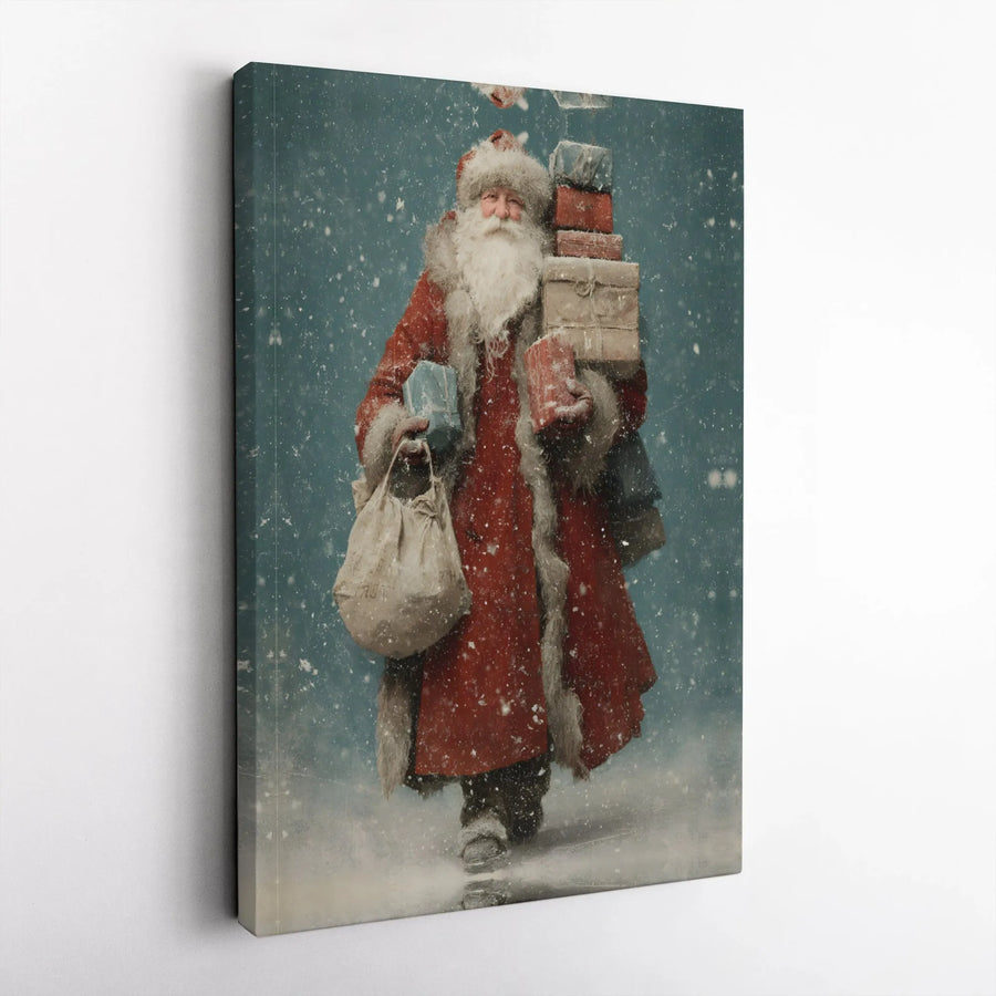 Vintage Santa Claus Wall Art | Nostalgic Winter Scene with Presents | Premium Gallery Wrap Canvas | Holiday Home Decor Gift