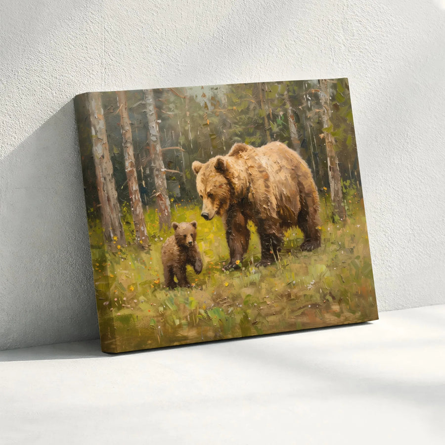 Mother Bear and Cub Wall Art | Forest Wildlife Oil Painting Print | Gallery Quality 1.25” Thick Canvas | Rustic Nature Home Decor Gift