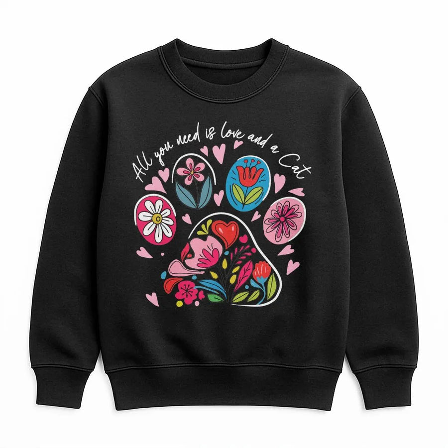 Floral Cat Paw Sweatshirt | All You Need Is Love And A Cat Graphic Design | Cozy Cotton Blend Pullover | Cute Cat Mom Gift For Her