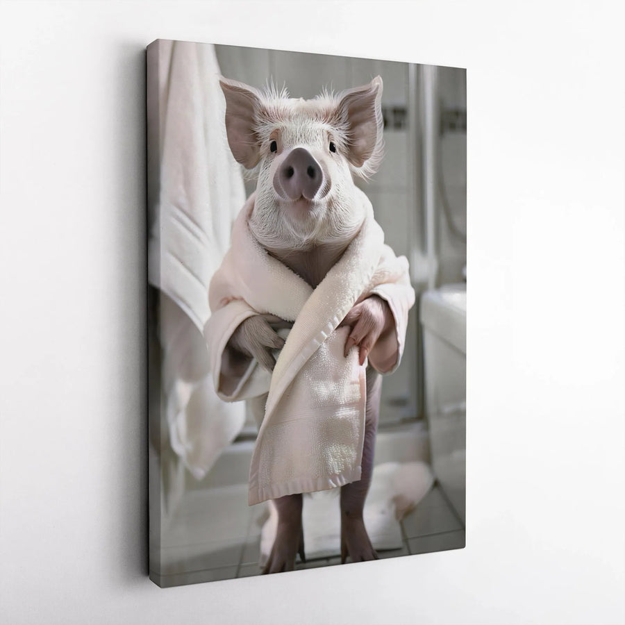 Funny Pig in Bathrobe Canvas Print | Whimsical Farm Animal Bathroom Wall Art | Premium Fade-Resistant Gallery Wrap | Cute Animal Home Decor Gift