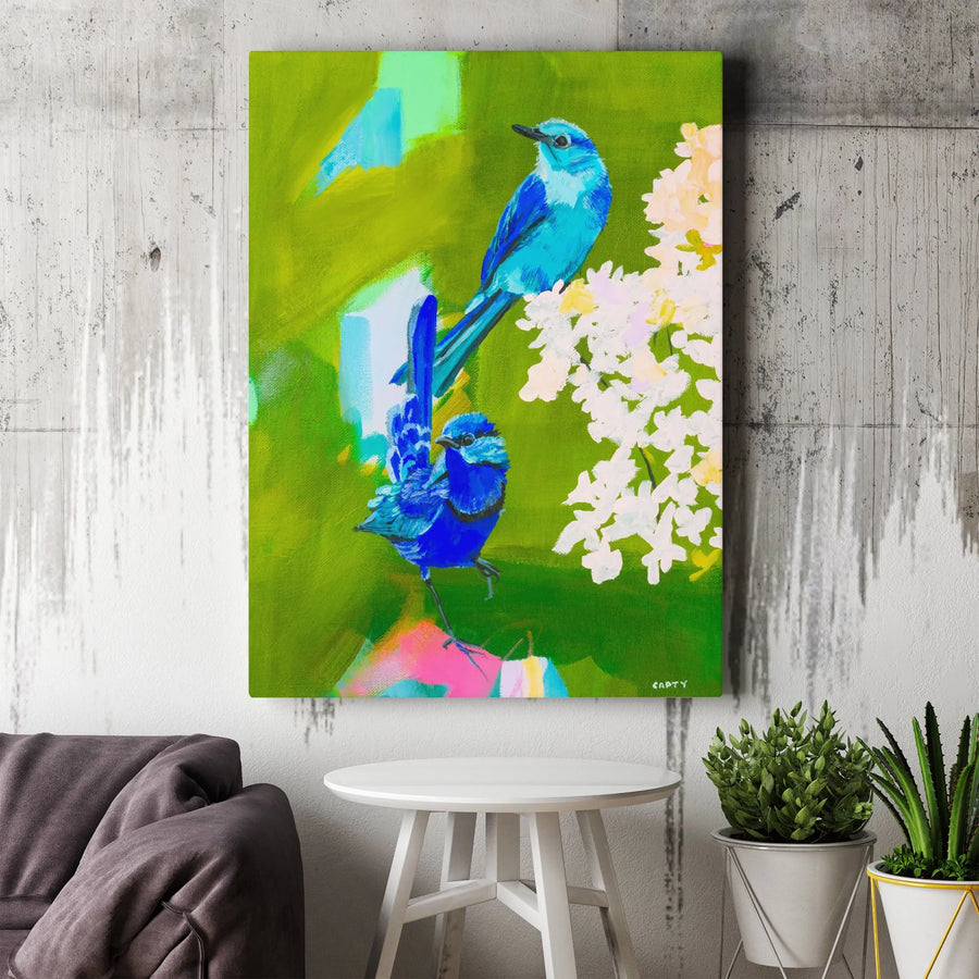 Blue Bird Vertical Canvas | Vibrant Abstract Songbird Painting | Premium High-Resolution Print | Collector's Wall Art for Nature Lover