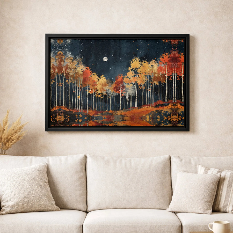 Autumn Forest Wall Art | Moonlit Birch Trees Landscape | Premium Gallery Wrapped Canvas | Moody Fall Nature Decor for Living Room