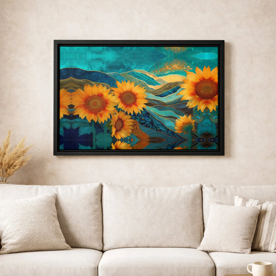 Abstract Sunflower Canvas Wall Art | Teal and Gold Landscape Print | Premium Gallery-Wrapped Decor | Botanical Modern Home Gift