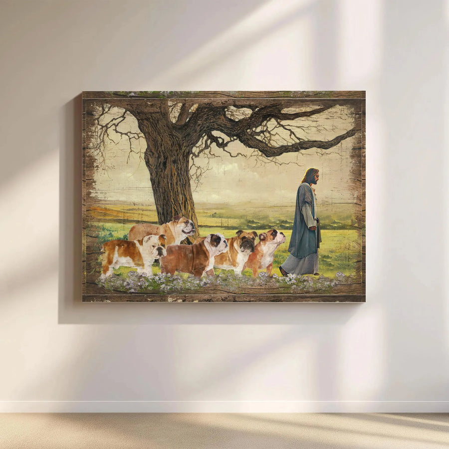 Jesus and Bulldog Canvas Wall Art | Rustic Wood Plank Style Print | Premium Fade-Resistant Canvas | Inspirational Gift for Christian Dog Lover