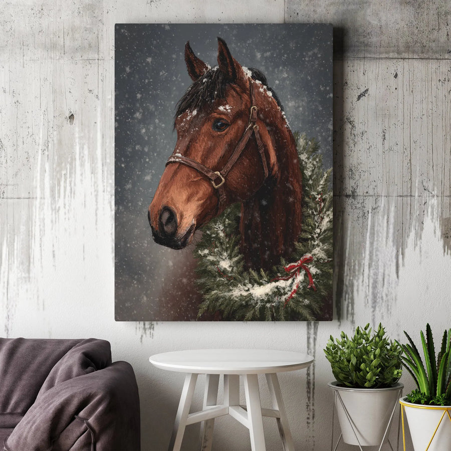 Horse Christmas Wall Art | Brown Horse with Festive Wreath in Snow | Premium Gallery Wrapped Canvas | Equestrian Holiday Home Decor Gift
