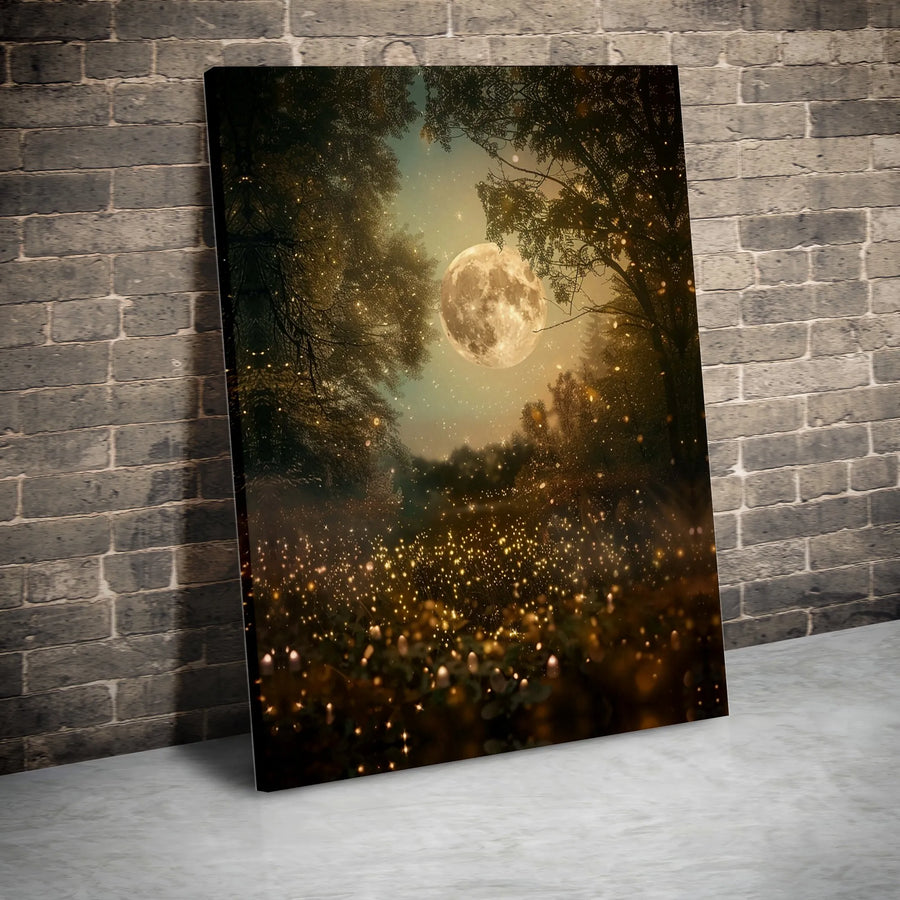 Enchanted Forest Canvas Wall Art | Full Moon & Firefly Night Scene | 1.25 Inch Premium Gallery Wrap | Whimsical Nature Decor for Living Room