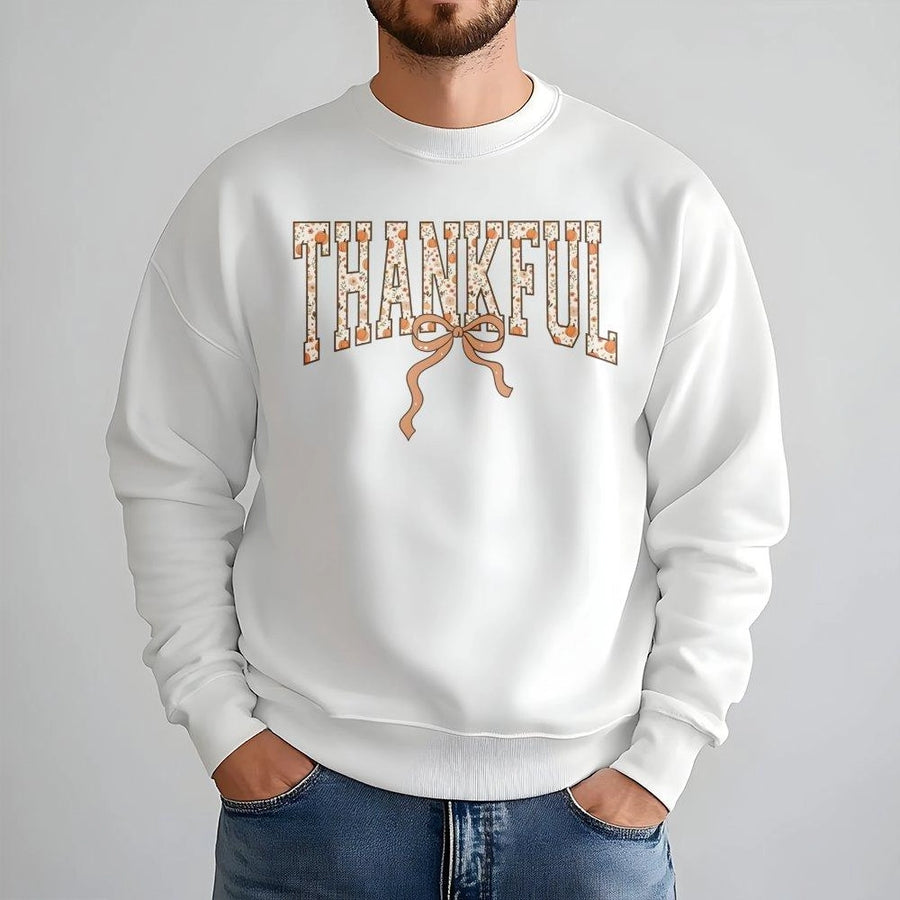 Thankful Thanksgiving Sweatshirt | Fall Pumpkin Bow Graphic Design | Soft Cotton Blend Crewneck | Cozy Autumn Gift for Women & Men