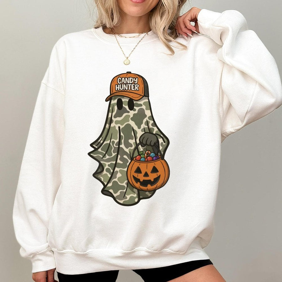 Candy Hunter Ghost Sweatshirt | Camo Pattern Halloween Graphic | Premium Cotton-Blend Pullover | Funny Spooky Season Gift For Him And Her