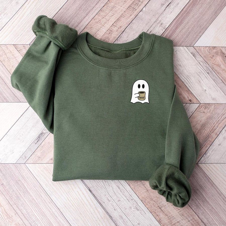Ghost Coffee Sweatshirt | Cute Spooky Halloween Graphic Print | Premium Cotton-Blend Crewneck | Cozy Gift for Coffee Lovers & Fall Season Fans