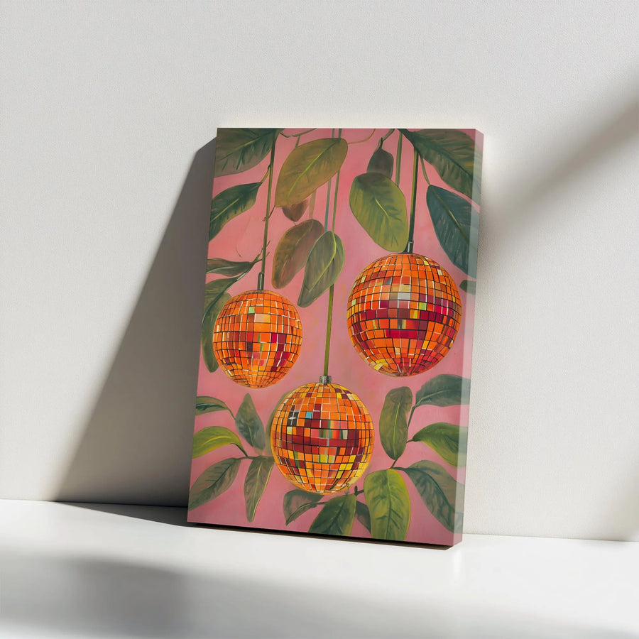 Disco Ball Vertical Canvas | Retro 70s Botanical Plant Print | Premium Gallery Wrap Wall Art | Funky Boho Apartment Decor Gift