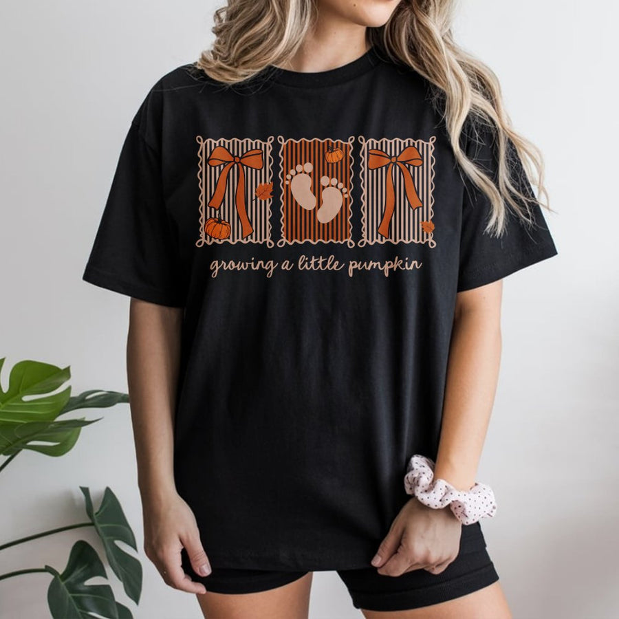 Growing A Little Pumpkin T-Shirt | Fall Pregnancy Announcement Graphic | 100% Cotton Premium Tee | Cute Thanksgiving Baby Reveal Gift For Mom