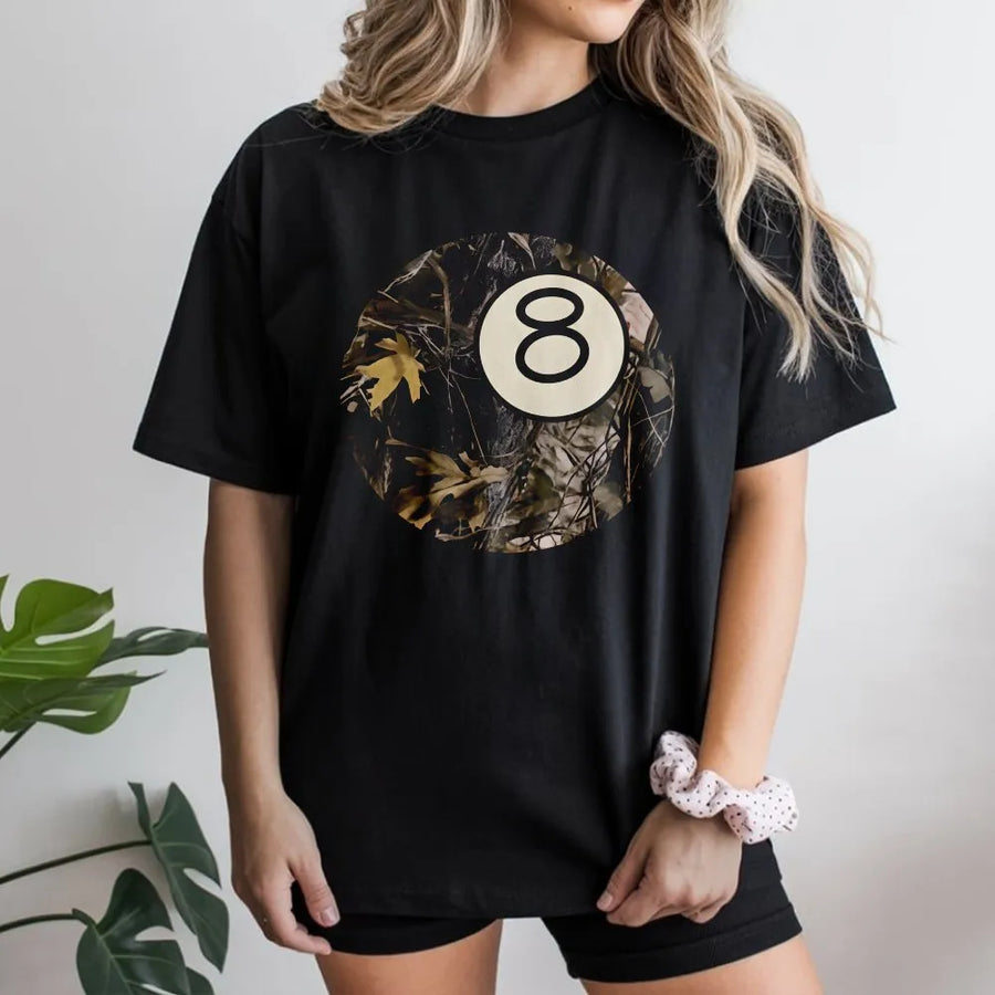 Camo 8 Ball T-Shirt | Rustic Forest Leaf Graphic | Premium 100% Cotton | Western Country Concert Outfit Gift for Her