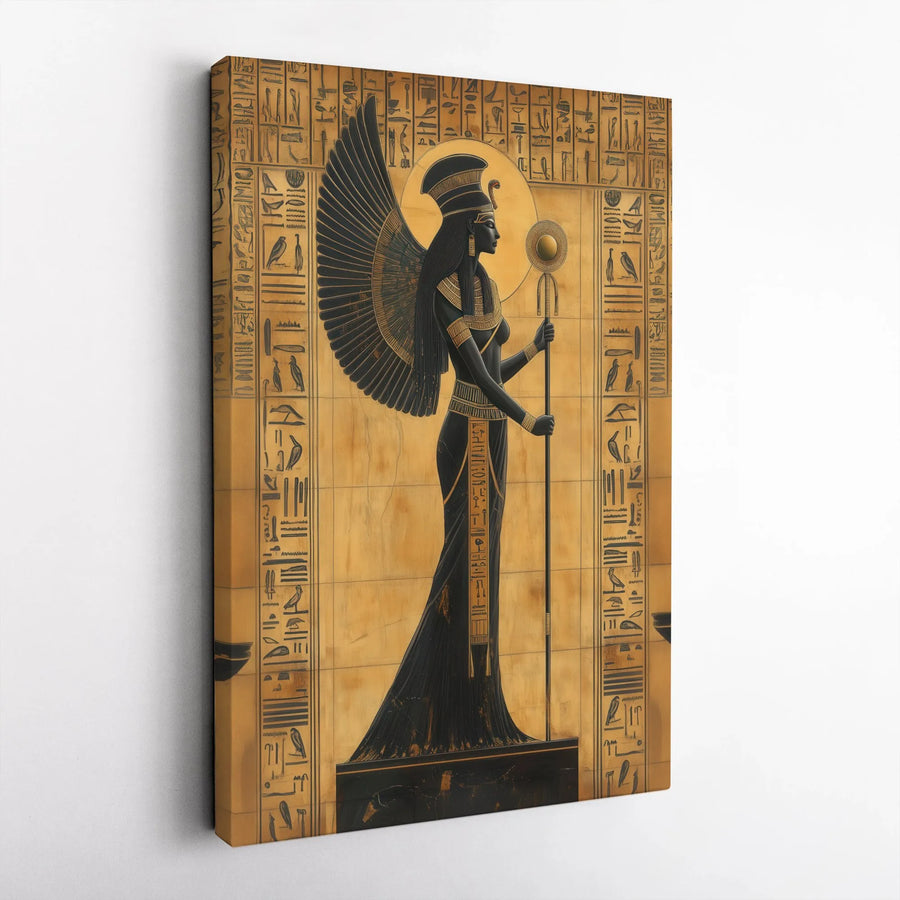 Ancient Egyptian Goddess Canvas Print | Isis Winged Deity Wall Art | Premium Gold & Black Decor | Mythological Historical Home Office Gift