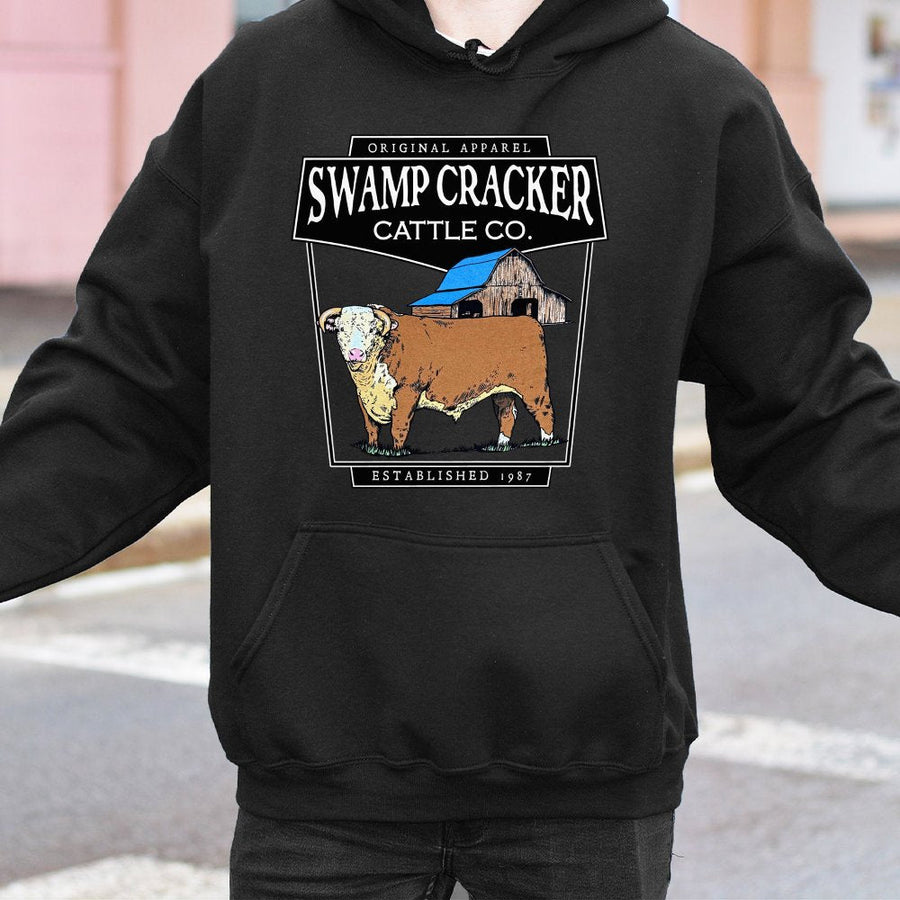 Swamp Cracker Cattle Co Hoodie | Western Ranch Farmhouse Bull Graphic | Premium Cotton-Blend Pullover | Country Style Gift for Farmers & Ranchers