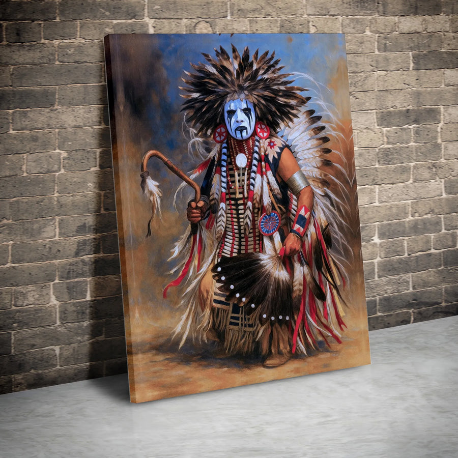 Native American Warrior Canvas Wall Art | Traditional Feather Headdress Portrait | Premium Fade-Resistant Gallery Print | Cultural Home Decor Gift