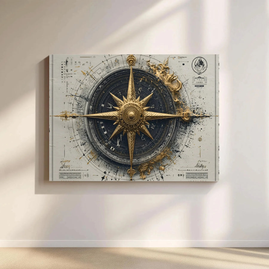 Ornate Gold Compass Rose Wall Art | Vintage Nautical Chart Blueprint Design | 1.25" Thick Premium Gallery Wrap Canvas | Sophisticated Home Office Decor Gift