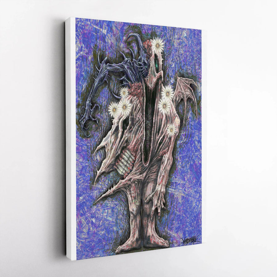 Surreal Monster Canvas Print | Grotesque Creature with Daisy Flowers | Thick Gallery Wrap Canvas | Collector's Gift for Horror Fans