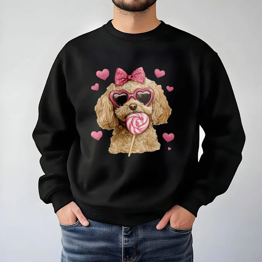 Poodle Valentines Day Sweatshirt | Cute Dog With Heart Glasses And Lollipop | Premium Cotton Blend | Gift For Dog Mom And Puppy Lovers