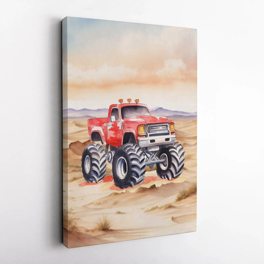 Watercolor Monster Truck Canvas Art | Red Off-Road Vehicle Desert Print | 1.25" Premium Gallery Wrapped Wall Decor | Gift For Boys Bedroom