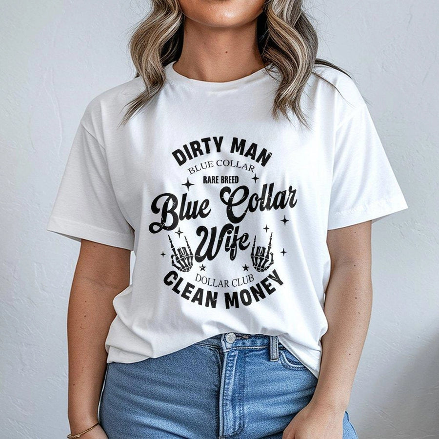 Blue Collar Wife T-Shirt | Funny Skeleton Hands Graphic Tee | Premium 100% Cotton | Gift for Wives of Hardworking Men