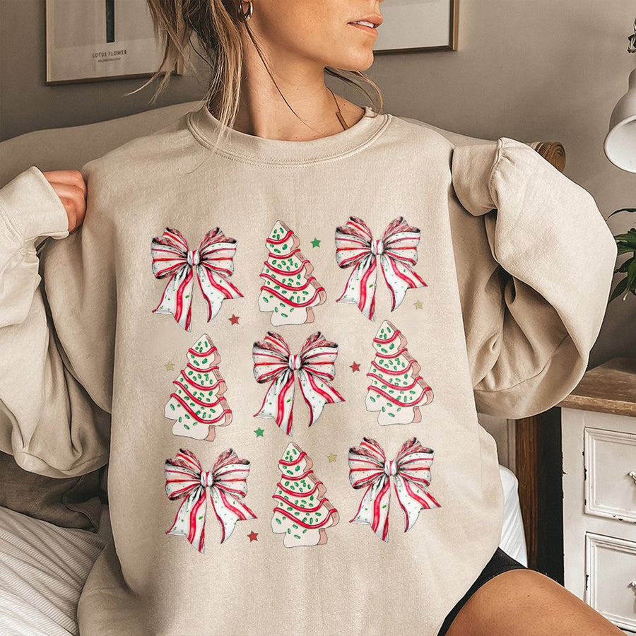 Coquette Christmas Tree Cake Sweatshirt | Holiday Aesthetic Bow Print | Premium Cotton Blend | Festive Gift For Her And Teen Girls