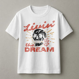 Livin' The Dream Graphic T-Shirt | Retro Skull Skeleton Design | 100% Soft Cotton Premium Tee | Unique Sarcastic Gift for Men and Women