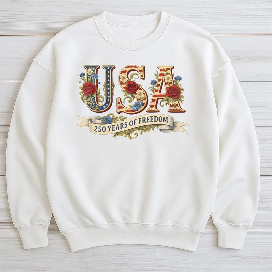 USA 250 Years of Freedom Sweatshirt | Vintage Floral American Flag Design | Premium Cotton Tee | Patriotic Gift for Fourth of July 2026