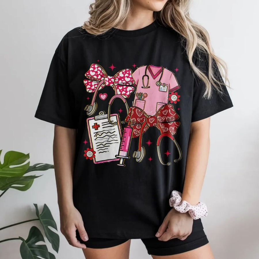 Nurse Valentine T-Shirt | Pink Coquette Medical Stethoscope Design | Premium Soft Cotton Tee | Cute Healthcare Worker Valentine Gift
