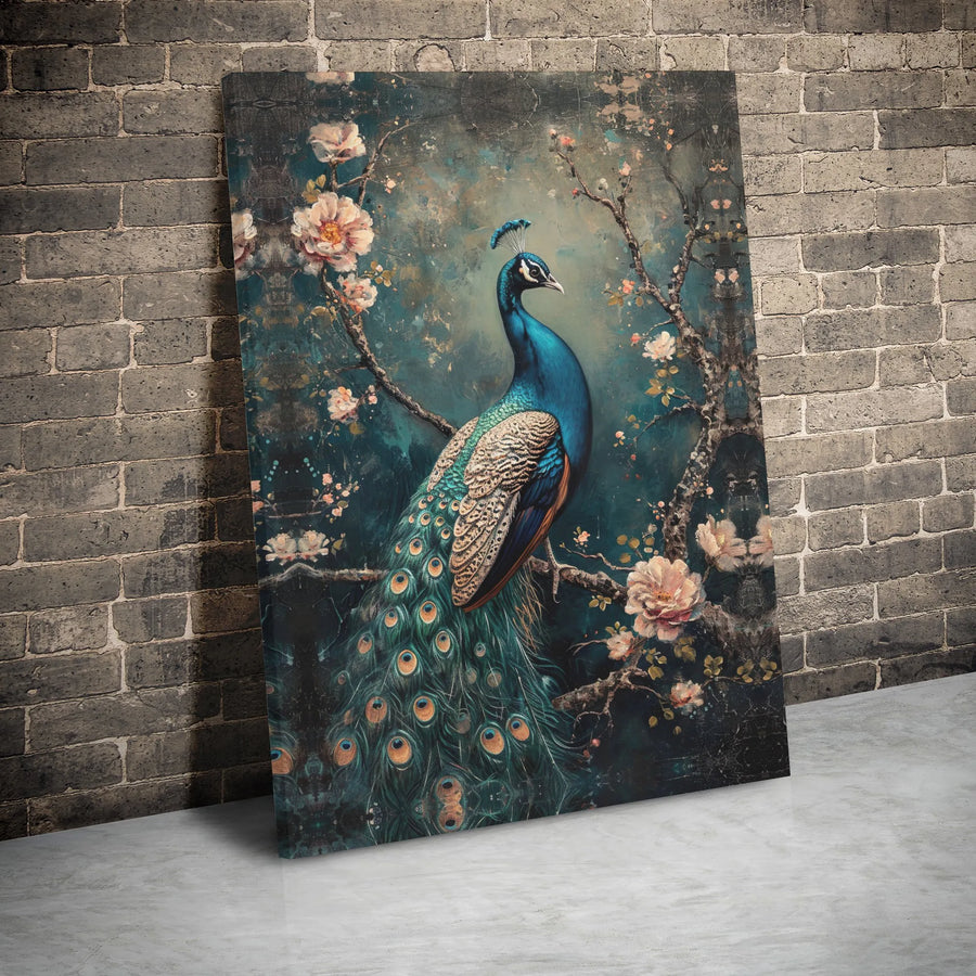 Peacock Wall Art Canvas | Vintage Floral Bird Illustration | Gallery Wrap 1.25 Inch Wood Frame | Elegant Home Decor For Bedroom Living Room