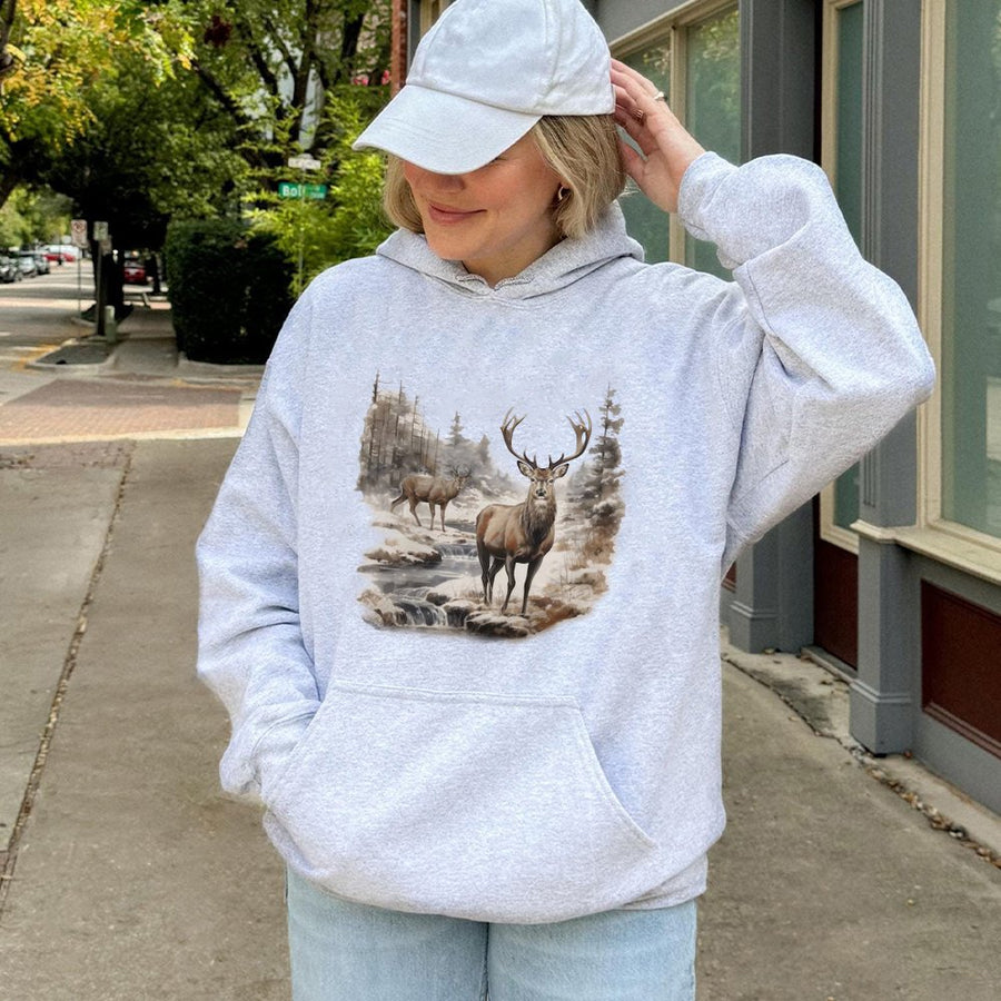 Deer Wilderness Hoodie | Watercolor Buck and Doe Wildlife Nature Art | Premium Soft Cotton Blend | Wildlife Lover Nature Enthusiast Gift
