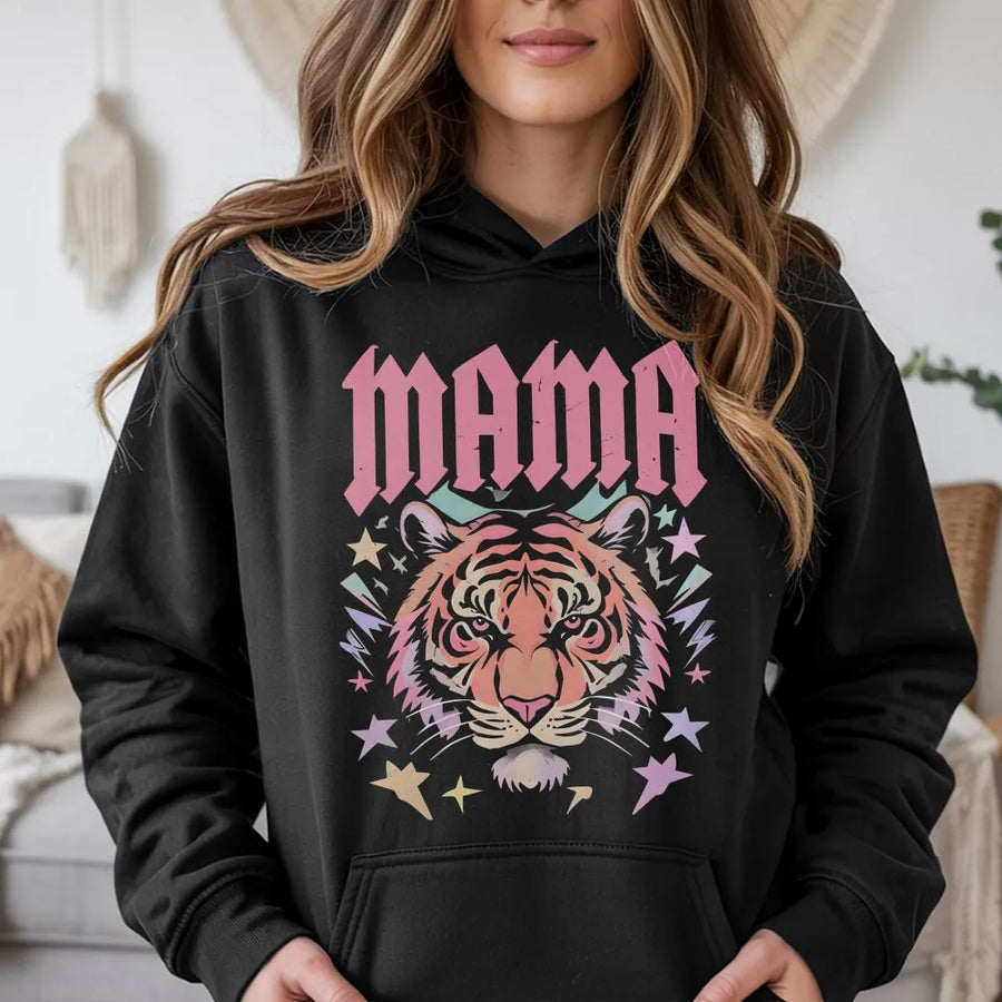 Mama Tiger Hoodie | Retro Graphic Rocker Style | Premium Cotton Blend Pullover | Gift for Cool Mom