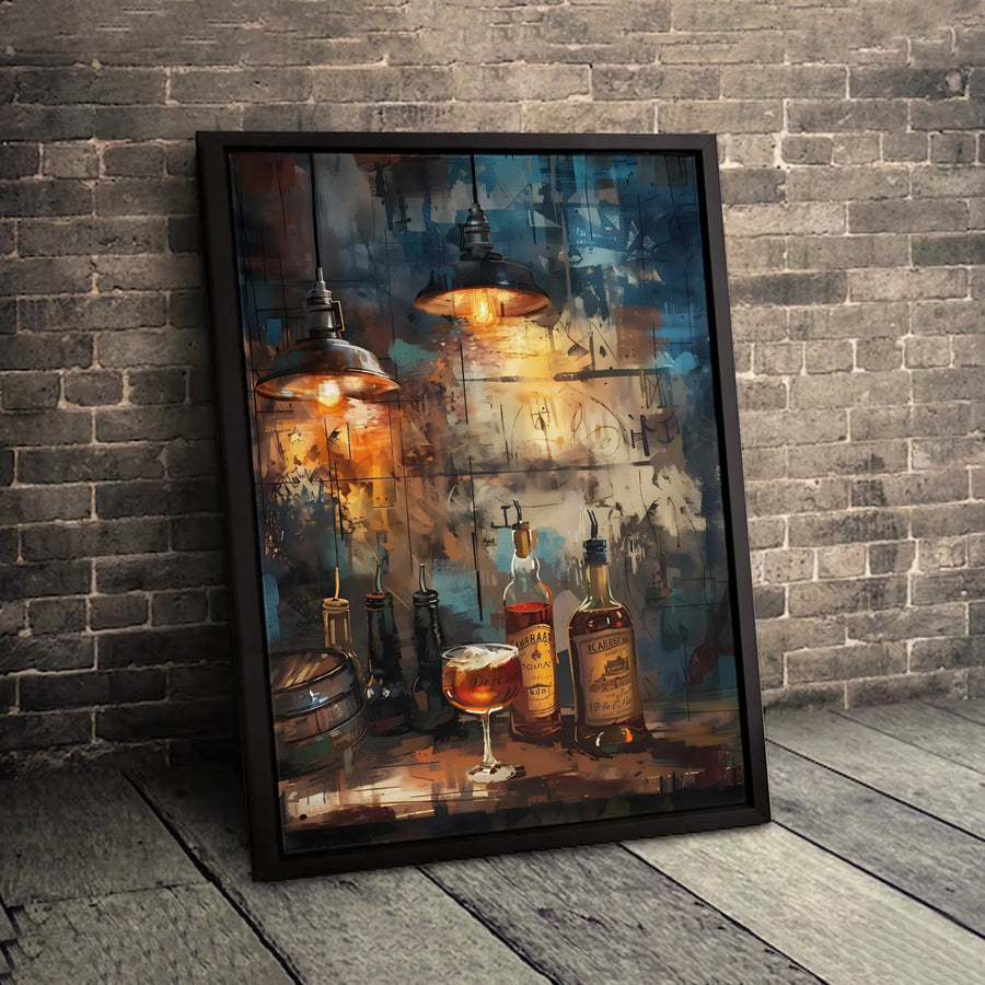 Whiskey Bar Wall Art | Abstract Industrial Decor | Premium 1.25 Inch Canvas | Man Cave Gift for Him