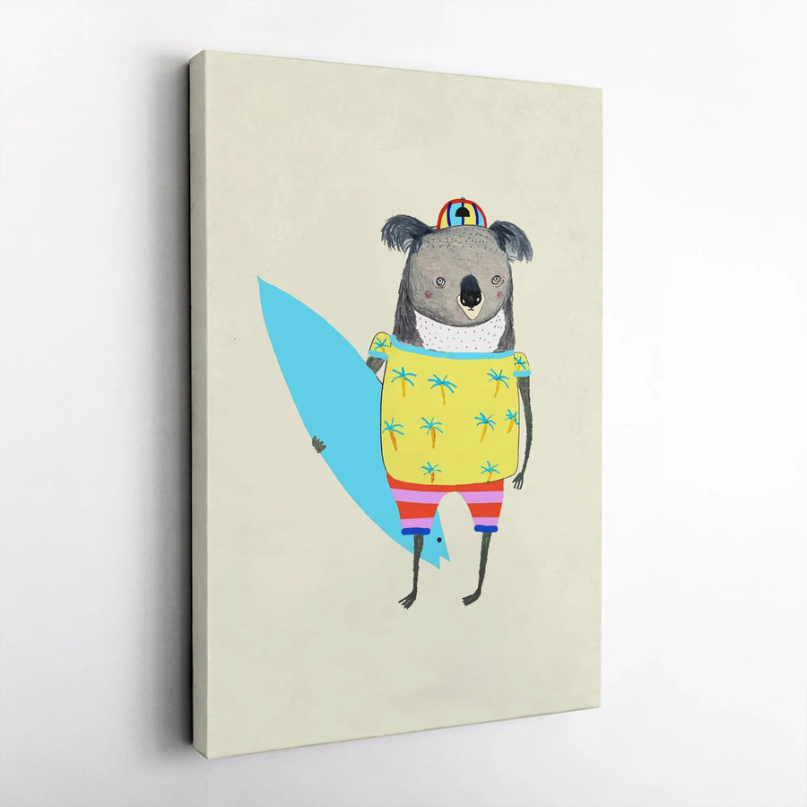 Surfer Koala Wall Art | Whimsical Tropical Palm Tree Design | Premium Fade-Resistant Canvas | Nursery Decor or Beach House Gift