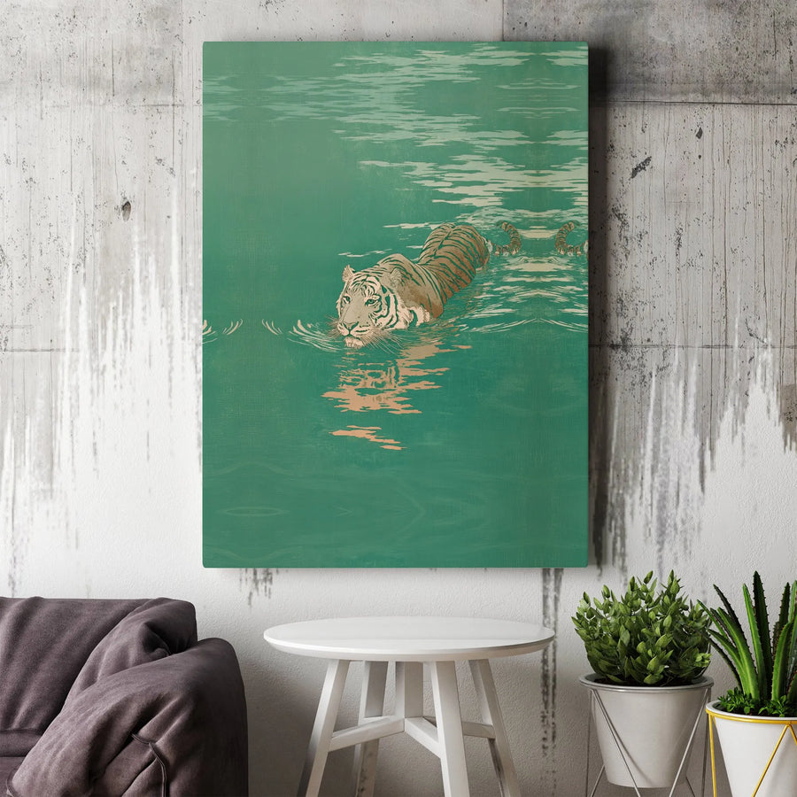 Japanese Tiger Wall Art | Vintage Ukiyo-e Style Swimming Big Cat | Premium Canvas Print | Asian Inspired Home Decor Gift