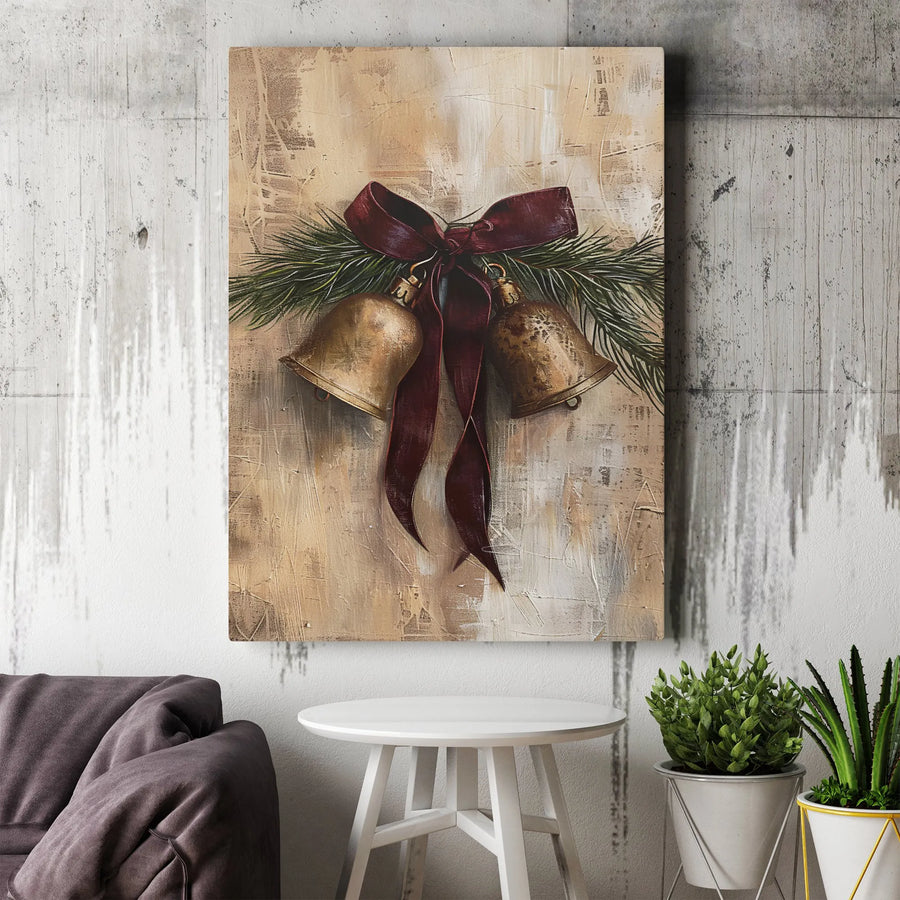 Rustic Christmas Bells Canvas Wall Art | Vintage Pine & Ribbon Holiday Decor | Premium Fade-Resistant Print | Festive Farmhouse Wall Hanging Gift