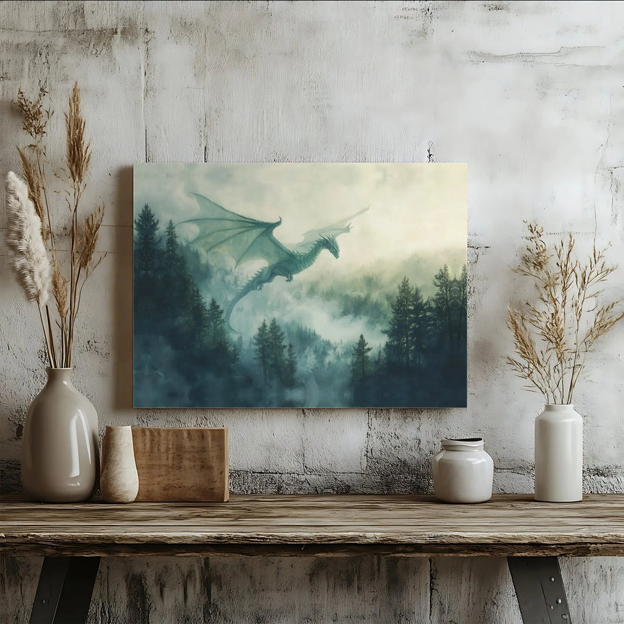 Dragon Wall Art Canvas | Misty Pine Forest Fantasy Landscape | Gallery Wrap Premium Print | Magical Home Decor Gift for Fantasy Lovers