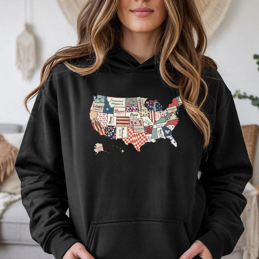 USA Map Hoodie | Patriotic Bible Verse Graphic Design | Premium Cotton Blend | Gift for Christian Women and 4th of July Celebration
