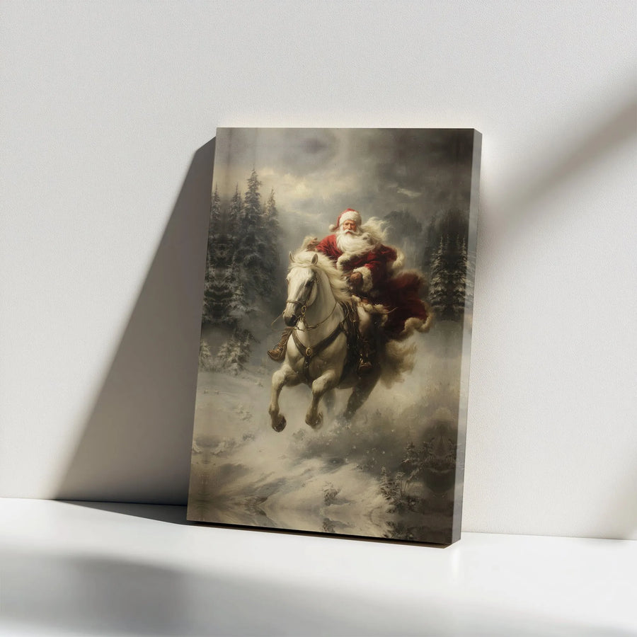 Santa Claus Canvas Wall Art | Majestic White Horse in Snowy Winter Forest | Premium Gallery Wrapped Print | Holiday Home Decor Gift