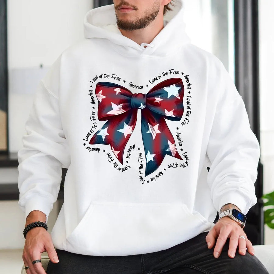 Patriotic Bow Hoodie | Coquette American Flag Graphic | Soft Cotton Tee | 4th of July Gift for Women
