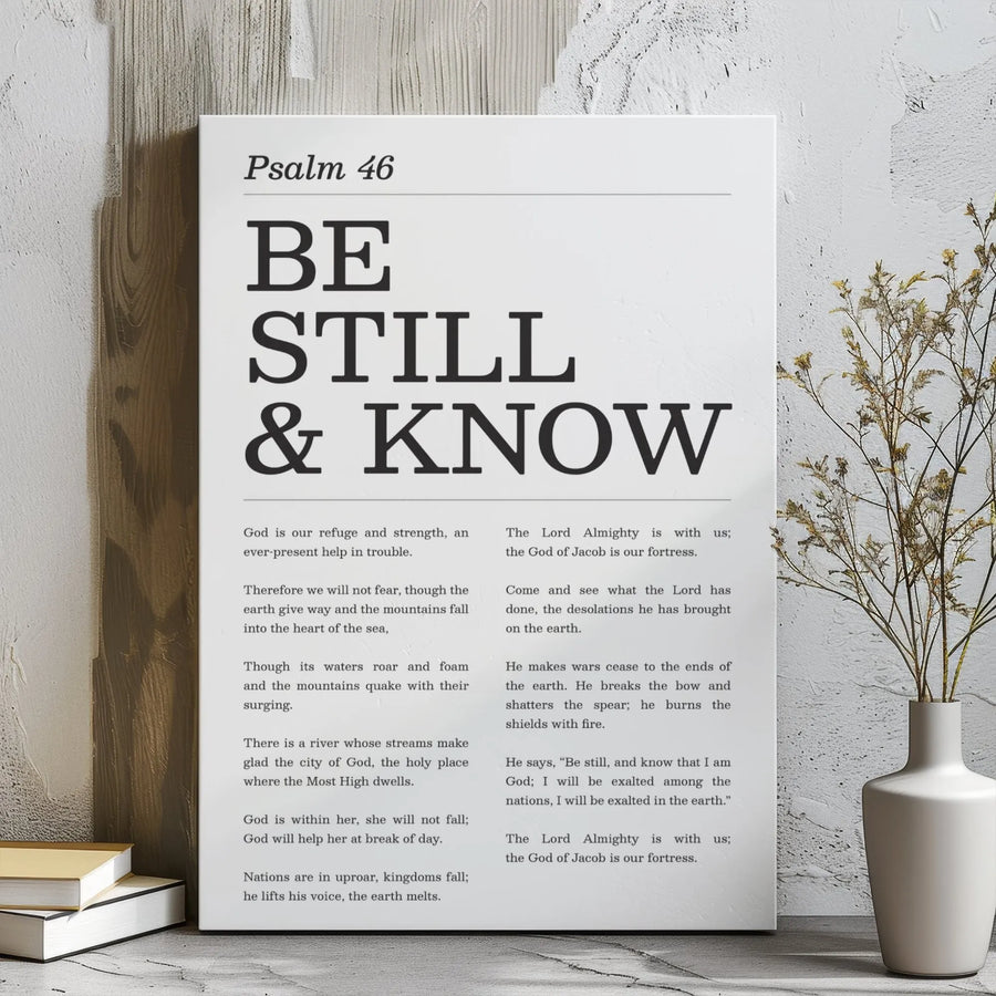Psalm 46 Be Still And Know Canvas Wall Art | Minimalist Scripture Typographic Print | Premium 1.25 Inch Gallery Wrap | Faithful Christian Home Decor Gift