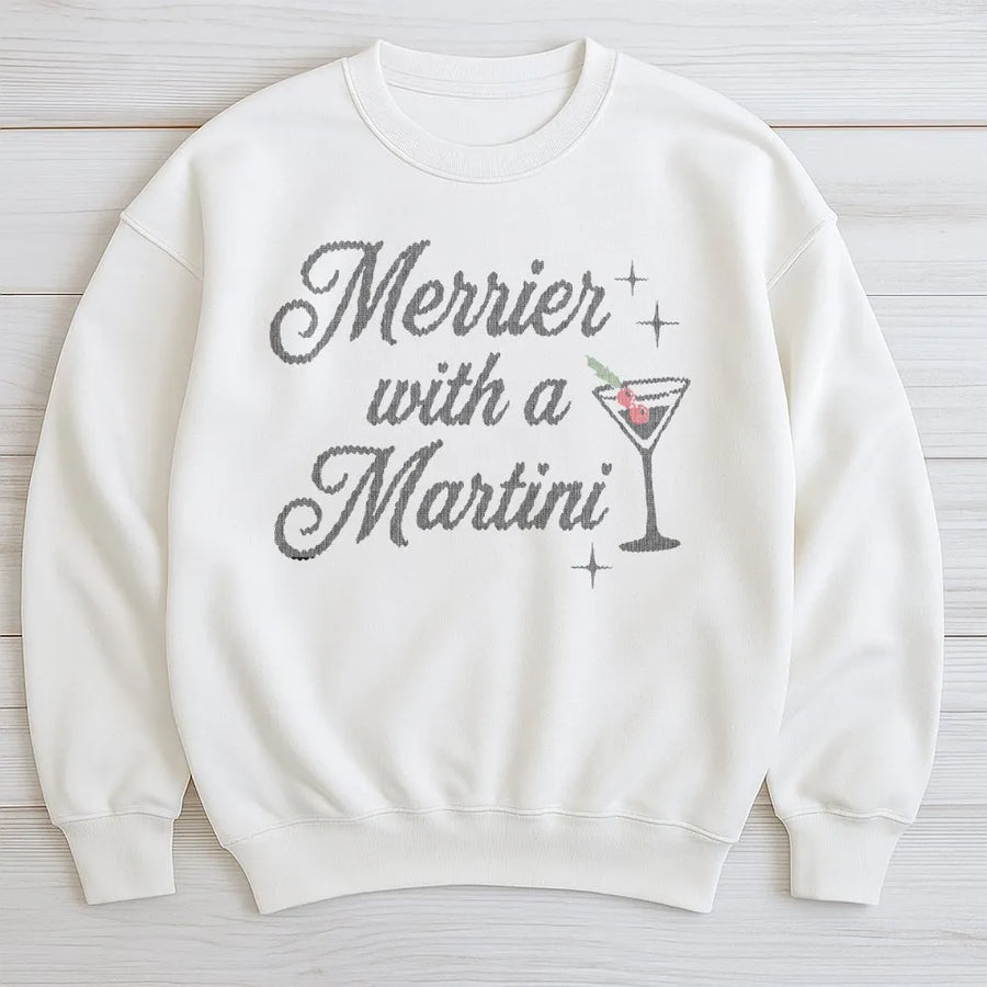 Merrier With A Martini Christmas Sweatshirt | Festive Holiday Drinking Graphic Tee | Premium Cotton Blend Crewneck | Funny Party Gift For Women