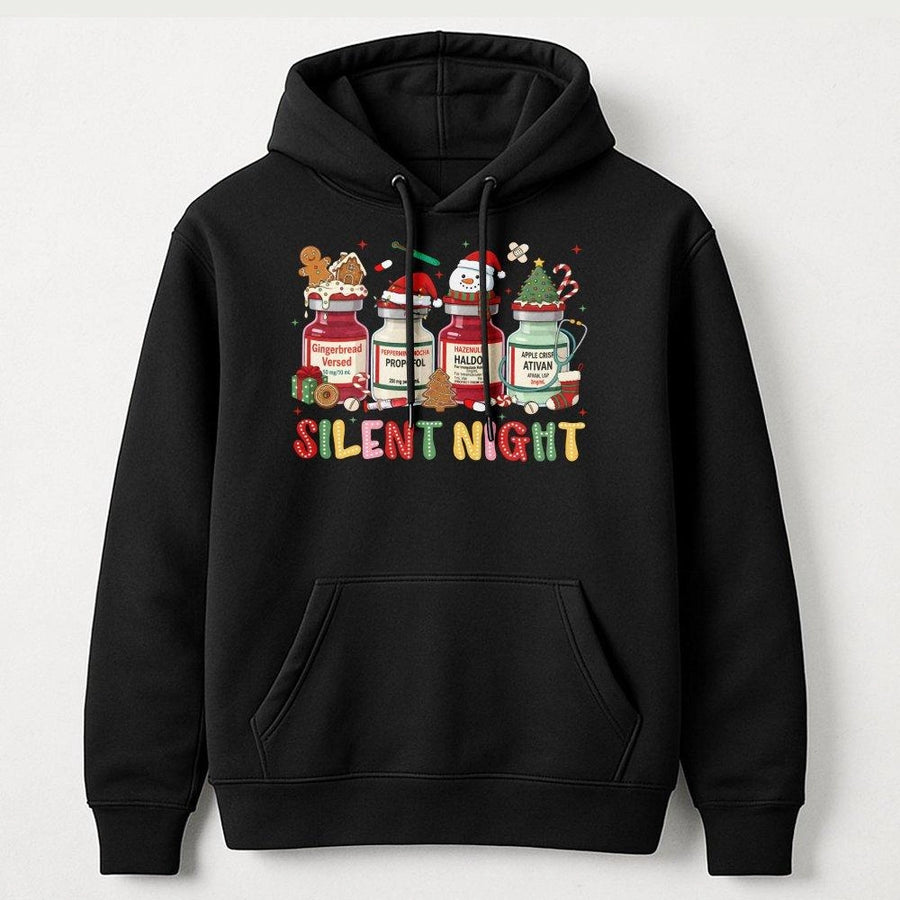 Silent Night Nurse Hoodie | Christmas Medical Medication Vials Design | Soft Cotton-Blend Premium Sweatshirt | Funny ICU RN Holiday Gift