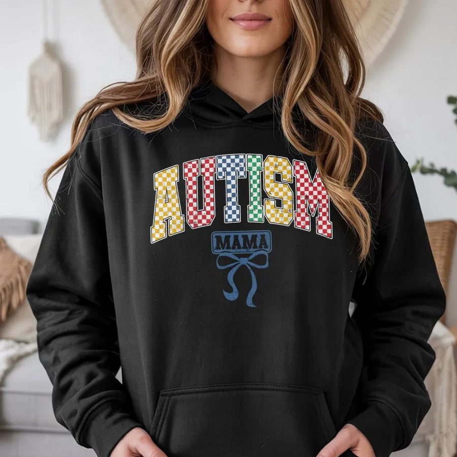 Autism Mama Hoodie | Colorful Checkerboard Print Awareness Design | Premium Cotton-Poly Blend Sweatshirt | Gift for Autism Mom Support