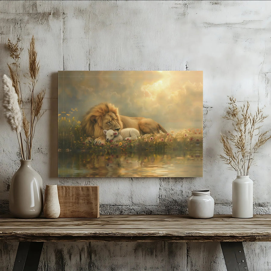 Lion and Lamb Wall Art | Christian Religious Painting | Premium Gallery-Wrapped Canvas | Peaceful Home Decor Gift for Believers
