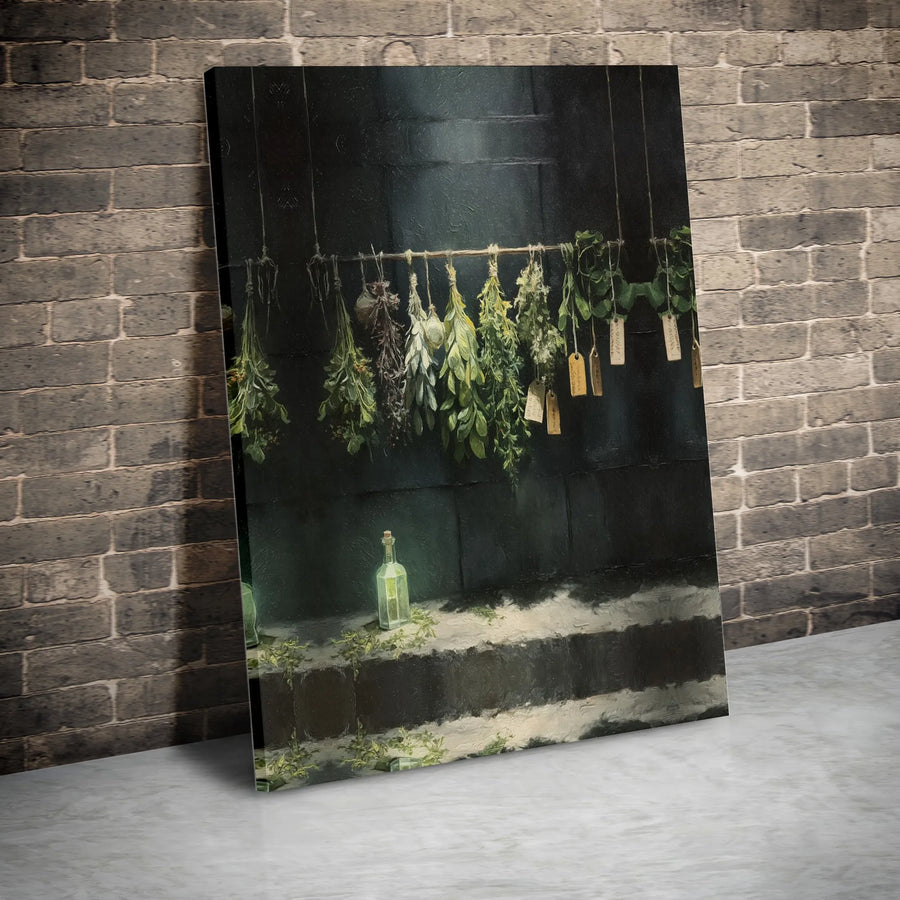 Apothecary Hanging Herbs Canvas Wall Art | Moody Botanical Potion Painting | Premium Fade-Resistant Canvas | Gift for Herbalist, Witchy Kitchen Decor