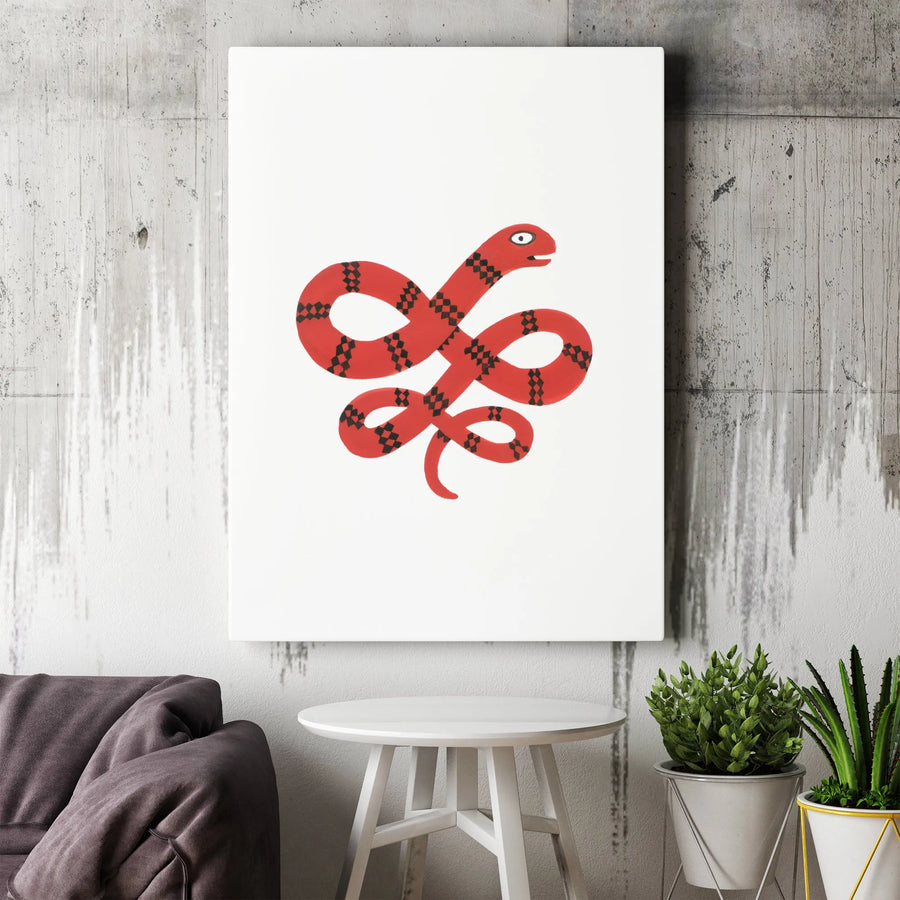 Red Snake Vertical Canvas | Minimalist Cartoon Serpent Print | Premium Frameless Wall Art | Modern Kids Room & Nursery Decor Gift